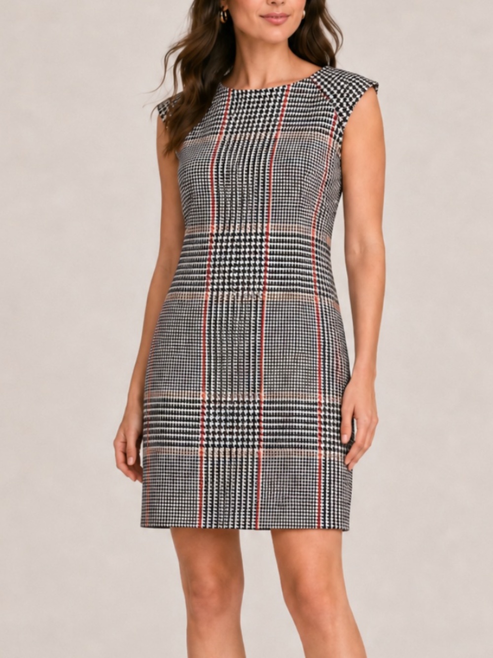 Escada Virgin Wool & Silk Plaid Printed Shift Dress.EU40 Black Cream Red